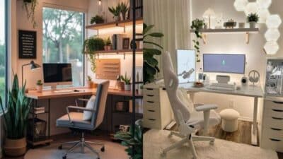 Cozy dual home office setups with modern chairs, plants, and desktop computers in stylish environments.