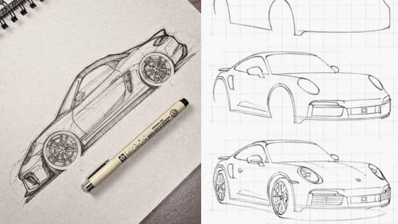 Viewing Deck Blog - 2025-06-08T210052664 Car sketch and outlines on grid paper; detailed and minimalist designs of a sports car. | Sky Rye Design Car sketch and outlines on grid paper; detailed and minimalist designs of a sports car.