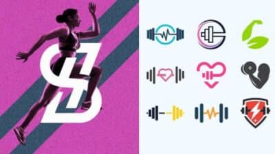 Woman running with fitness icons, including weights and heart, symbolizing health and exercise on vibrant background.