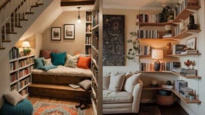 Cozy reading nooks with bookshelves under the stairs, featuring plush seating, colorful cushions, and ambient lighting.