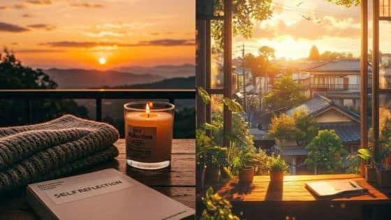 Viewing Deck Blog - 2025-06-10T205109559 Cozy sunset view with self-reflection book, candle, and plants on a wooden table overlooking a serene neighborhood. | Sky Rye Design Cozy sunset view with self-reflection book, candle, and plants on a wooden table overlooking a serene neighborhood.