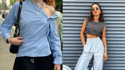 Fashionable outfits: one-shoulder blue top with dark skirt and gray cropped top with white pants against urban backgrounds.