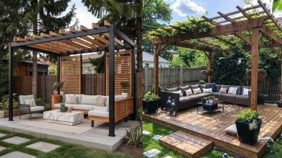 Viewing Deck Blog - 2025-06-13T215945183 Modern backyard pergola with cozy seating, wood accents, and lush greenery, perfect for outdoor relaxation and entertainment. | Sky Rye Design Modern backyard pergola with cozy seating, wood accents, and lush greenery, perfect for outdoor relaxation and entertainment.