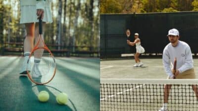 Tennis players on court, focusing on racket and balls, with one player ready to serve and another at net during match.