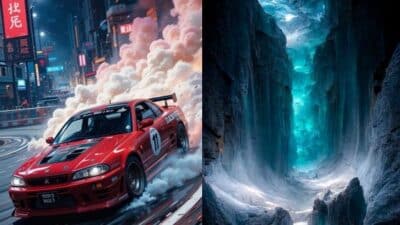 Red racing car drifting in a neon-lit urban street; next to a majestic, icy blue canyon landscape.