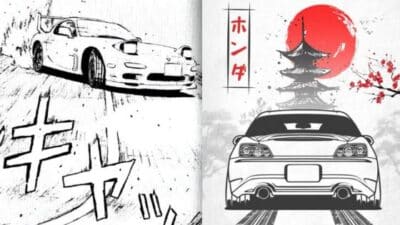 Manga-style cars drifting with Japanese pagoda and rising sun in background, evoking dynamic street racing scene.