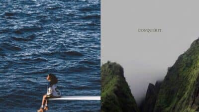 Person seated on diving board over ocean; mountainous landscape with Conquer It text. Inspiring adventure theme.
