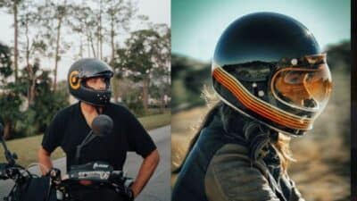 Two motorcyclists wearing stylish helmets; one in nature and another on a road, showcasing riding gear.