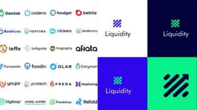 Logos of various companies and Liquidity branding designs in different color schemes.