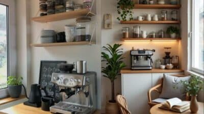 Home coffee nook with espresso machines, open shelving, and a cozy seating area by the window.