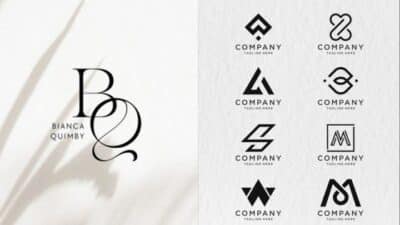 Minimalist logo designs featuring initials and various abstract shapes, showcasing customizable branding options.