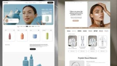 Modern skincare product websites showcasing various creams and serums with promotional images and minimalist design.