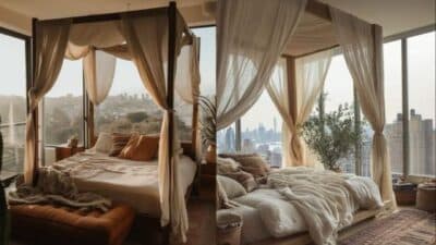 Luxurious canopy bed with sheer drapes, cityscape view through large windows, cozy and elegant bedroom ambiance.