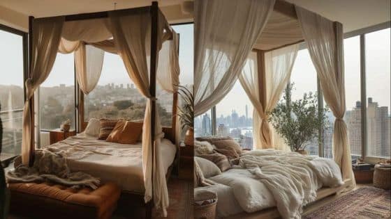 Viewing Deck Blog - 2025-06-18T221043291 Luxurious canopy bed with sheer drapes, cityscape view through large windows, cozy and elegant bedroom ambiance. | Sky Rye Design Luxurious canopy bed with sheer drapes, cityscape view through large windows, cozy and elegant bedroom ambiance.