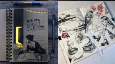 Creative sketchbook pages featuring detailed illustrations and mixed media art with pens and glowing effects.