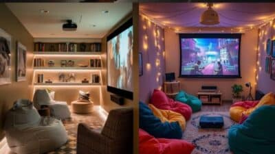 Cozy home theater rooms with bean bags, projectors, and ambient lighting for a perfect movie night setup.