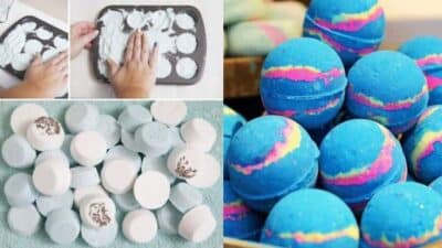DIY bath bombs in various stages: molding, drying, and colorful finished products. Perfect for a relaxing bath time.