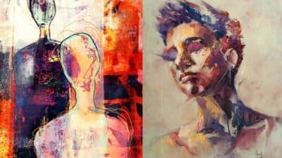 Abstract and portrait art: vibrant colors on left, emotive expression on right. Mixed media painting with dynamic textures.