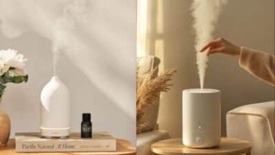 Aromatherapy diffusers with essential oils releasing mist in a cozy room setting for relaxation.
