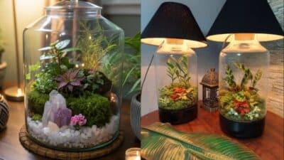 Decorative terrariums with lush plants and crystals, illuminated by lamps for a cozy, ambient indoor setting.