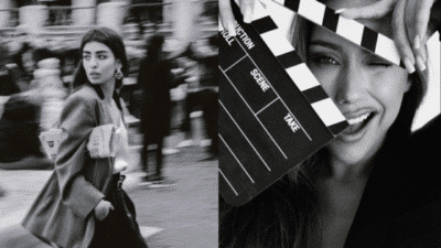 Stylish woman in a bustling city and another smiling with a clapperboard. Black and white street fashion and film theme.