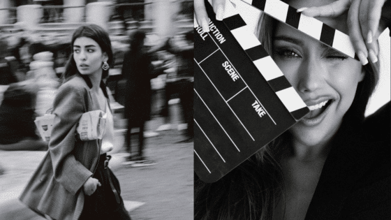 Viewing Deck Blog 21 Stylish woman in a bustling city and another smiling with a clapperboard. Black and white street fashion and film theme. | Sky Rye Design Stylish woman in a bustling city and another smiling with a clapperboard. Black and white street fashion and film theme.