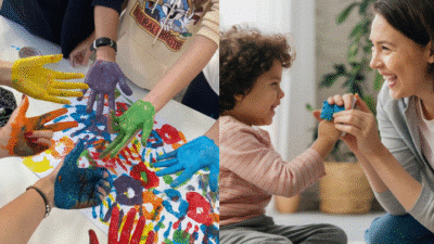 Colorful hand painting activity and joyful mother-child playtime with a small toy indoors.