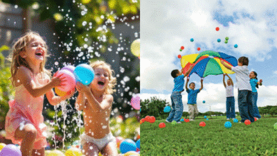 Children playing joyfully with colorful balls and parachute outdoors. Fun summer activities for kids in the park.