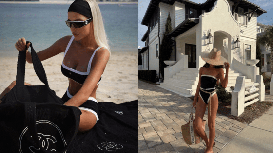 A woman in a black swimsuit poses on a beach and in front of a stylish house, accessorized with a hat and bag.