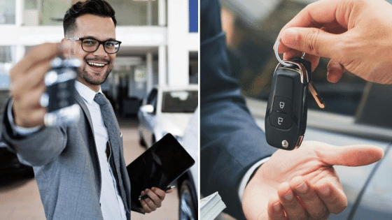 Car salesman handing over keys, symbolizing a successful car purchase and new ownership at a dealership.