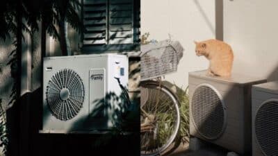 Outdoor AC units with a cat sitting on one, near a bicycle, in sunlight and shade.
