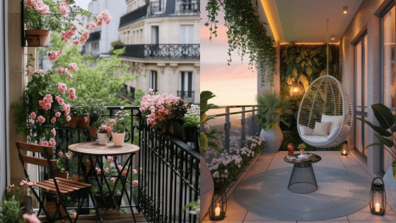 Two charming balcony setups: one with flowers and a table, the other with a chair, plants, and lanterns at sunset.