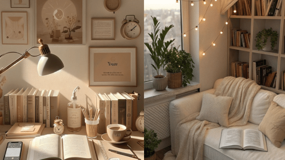 Cozy reading nook and study area with books, warm lighting, and plants, creating an inviting and serene atmosphere.