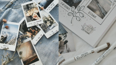 Assorted Polaroid photos on denim next to drawing-filled sketchbook and markers, capturing travel and memories.