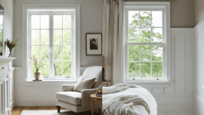 Cozy living and bedroom interiors with large windows, white walls, and neutral decor, overlooking lush greenery.