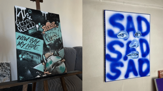 Graffiti art: Left canvas with urban tags, right canvas with blue SAD and face. Vibrant street art display.