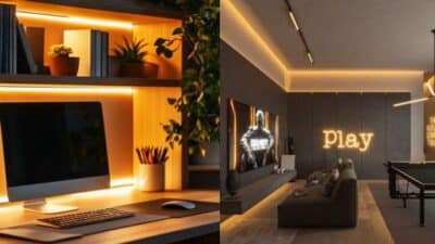 Modern home office and gaming room with ambient lighting, sleek desk, computer, and a cozy entertainment area.