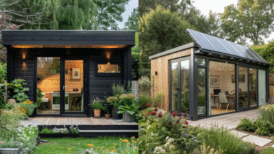Modern garden offices with large windows surrounded by lush greenery, featuring solar panels and wooden decking.