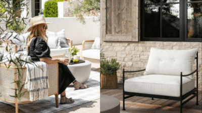 Woman relaxing on outdoor patio with modern furniture, stylish decor, and a sun hat. Cozy and elegant outdoor setting.