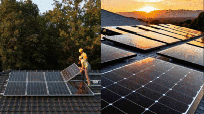Workers installing solar panels on a rooftop at sunset, surrounded by trees, showcasing renewable energy efforts.