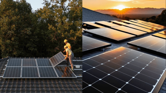 Viewing Deck Blog 3 Workers installing solar panels on a rooftop at sunset, surrounded by trees, showcasing renewable energy efforts. | Sky Rye Design Workers installing solar panels on a rooftop at sunset, surrounded by trees, showcasing renewable energy efforts.