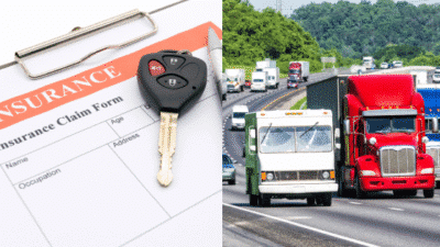Vehicle insurance claim form with car keys and trucks on a highway, symbolizing vehicle insurance and transportation.