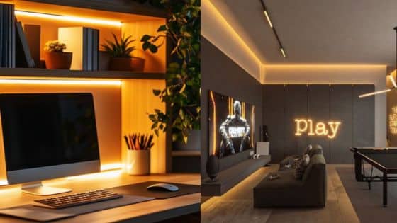 Viewing Deck Blog Modern home office and gaming room with ambient lighting, sleek desk, computer, and a cozy entertainment area. | Sky Rye Design Modern home office and gaming room with ambient lighting, sleek desk, computer, and a cozy entertainment area.