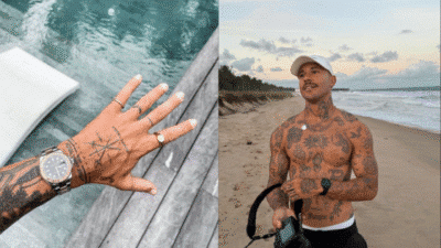 Man with tattoos holding a camera on a beach, tattooed hand with a watch near a pool.