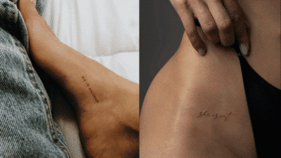 Minimalist script tattoos on foot and hip, delicate lettering style, personal body art inspiration.