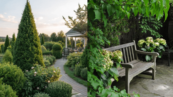 Lush garden with a cozy bench, vibrant flowers, and a serene path leading to a gazebo under a clear blue sky.