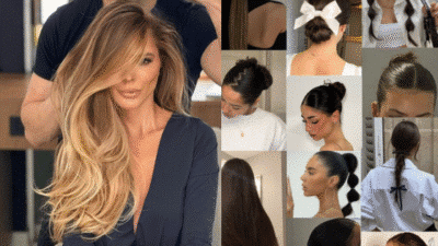 Woman with long, voluminous hair surrounded by various elegant hairstyles, buns, and ponytails in a hair salon.