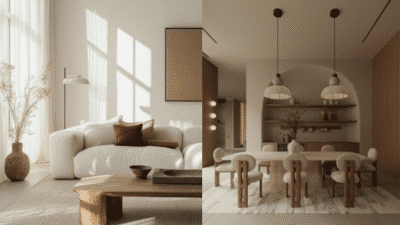 Minimalist living and dining room with beige and brown decor, featuring cozy sofa and elegant dining set.