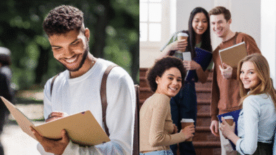 Smiling students reading and chatting, one outdoors and a group on stairs, holding notebooks and coffee cups.