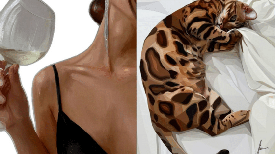 A person holding a wine glass and a Bengal cat lounging on white sheets, depicted in digital art style.